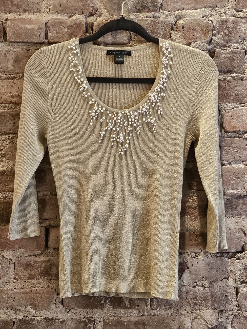 Gold Metallic Pearl Beaded Knit Top  August Silk M